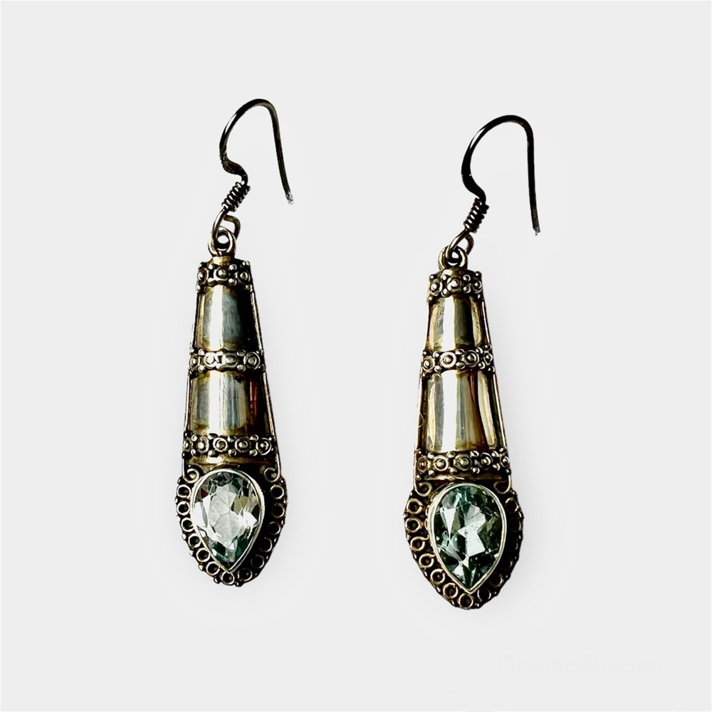 Vintage Sterling Silver Dangle Earrings with Aquamarine or Topaz Gemstones.